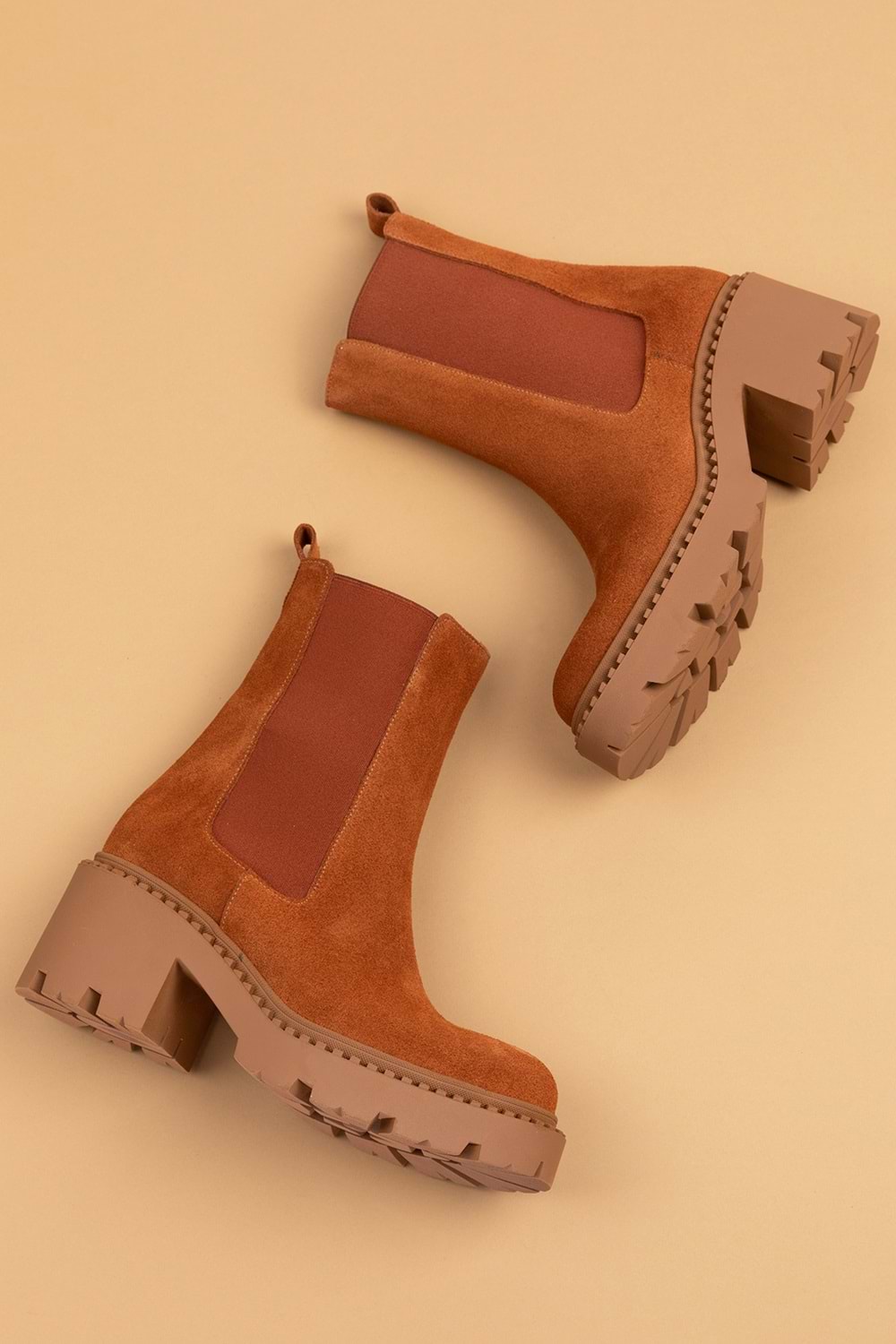 Gondol Hakiki Deri Kalın Taban Platform Topuklu Bot vtg.23801 - Taba Süet - 41