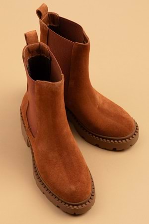 Gondol Hakiki Deri Kalın Taban Platform Topuklu Bot vtg.23801 - Taba Süet - 41