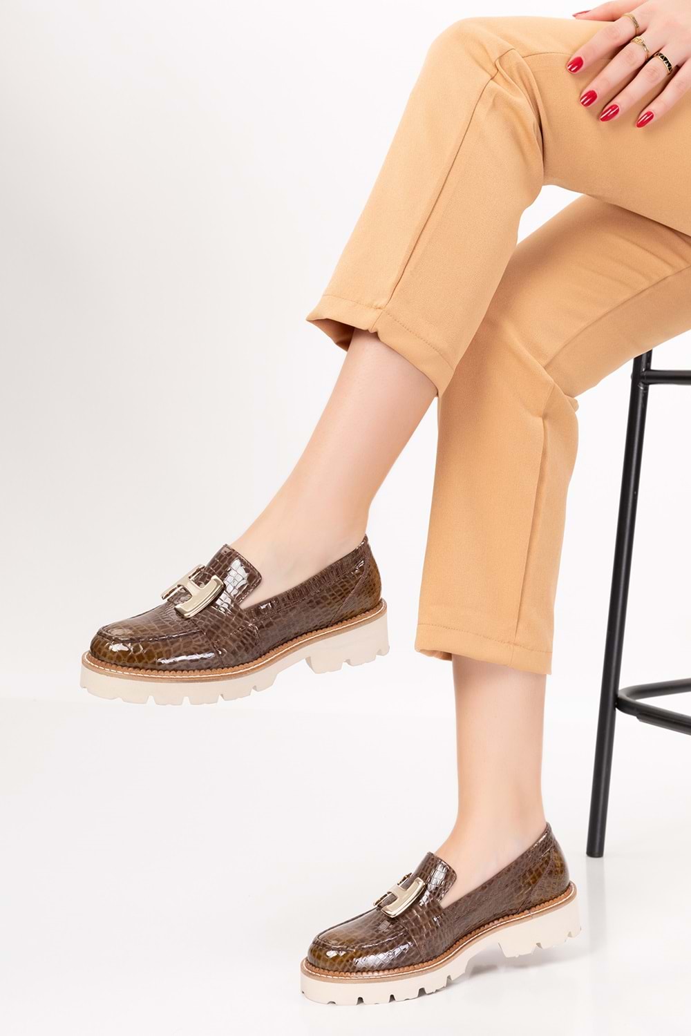 Gondol Hakiki Deri Kalın Taban Hafif Oxford Ayakkabı yt.100 - Kahve Croco - 39