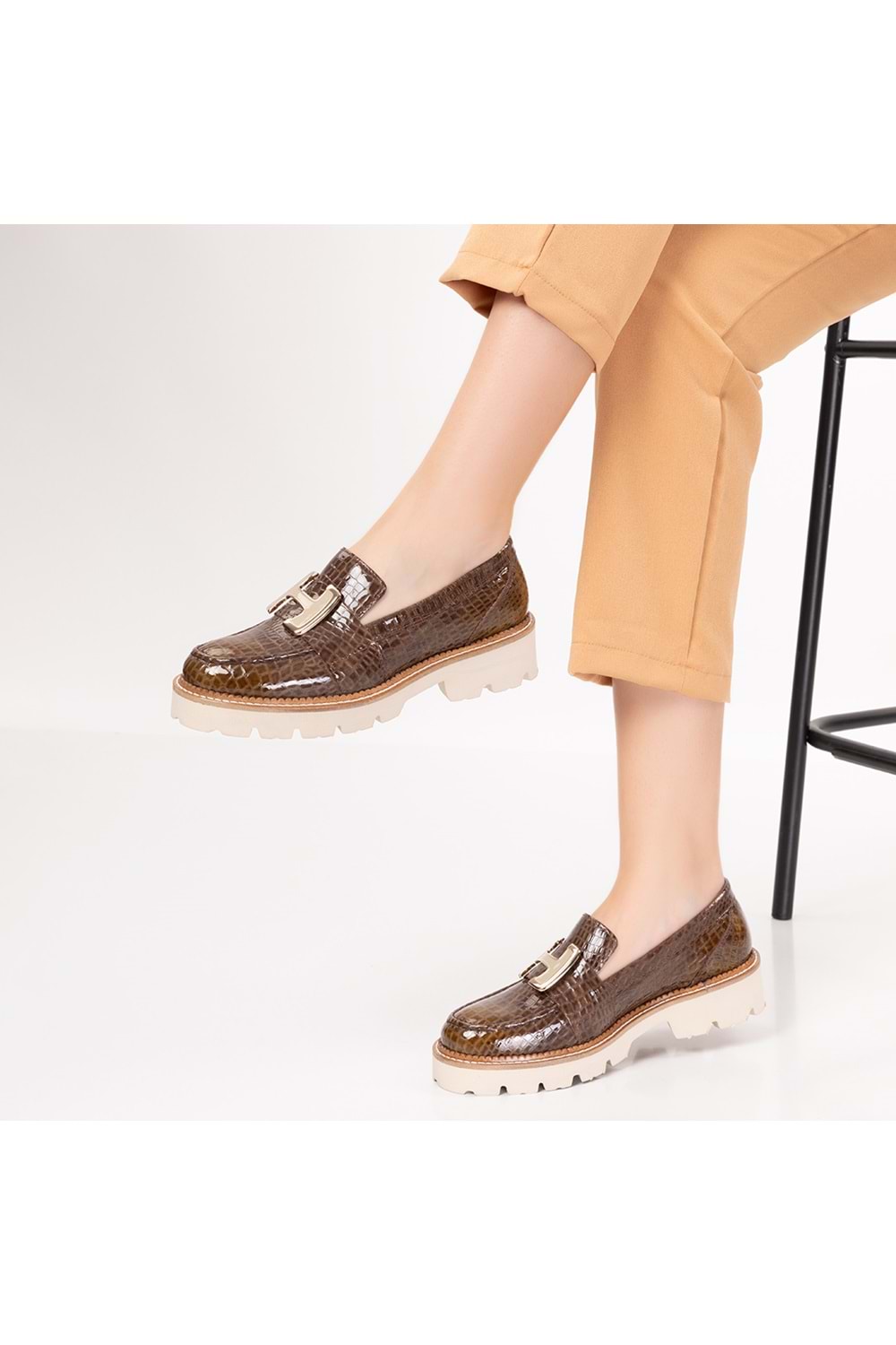 Gondol Hakiki Deri Kalın Taban Hafif Oxford Ayakkabı yt.100 - Kahve Croco - 39