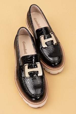 Gondol Hakiki Deri Kalın Taban Hafif Oxford Ayakkabı yt.100 - Siyah Croco - 40