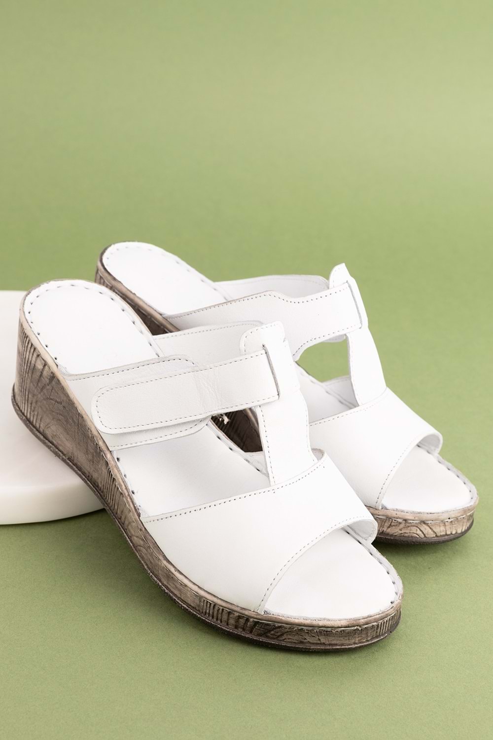 Gondol Hakiki Deri Dolgu Topuklı Yumuşak Taban Rahat Terlik irm.15 - Beyaz - 40