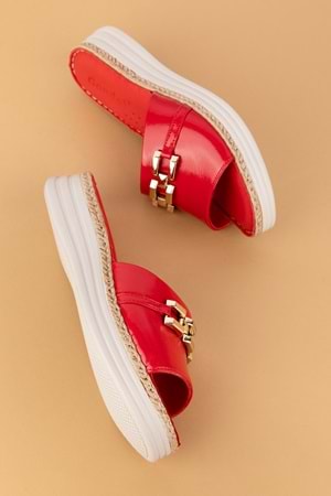 Gondol Hakiki Deri Ortopedik Taban Şık Tokalı Terlik ımk.8630 - Kırmızı Rugan - 41