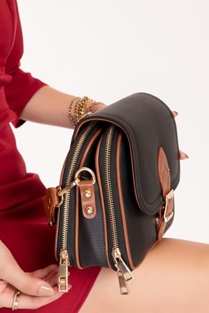 Gondol Kadın Çift Bölmeli Şık Günlük Çanta ald.1406 - Siyah-Taba