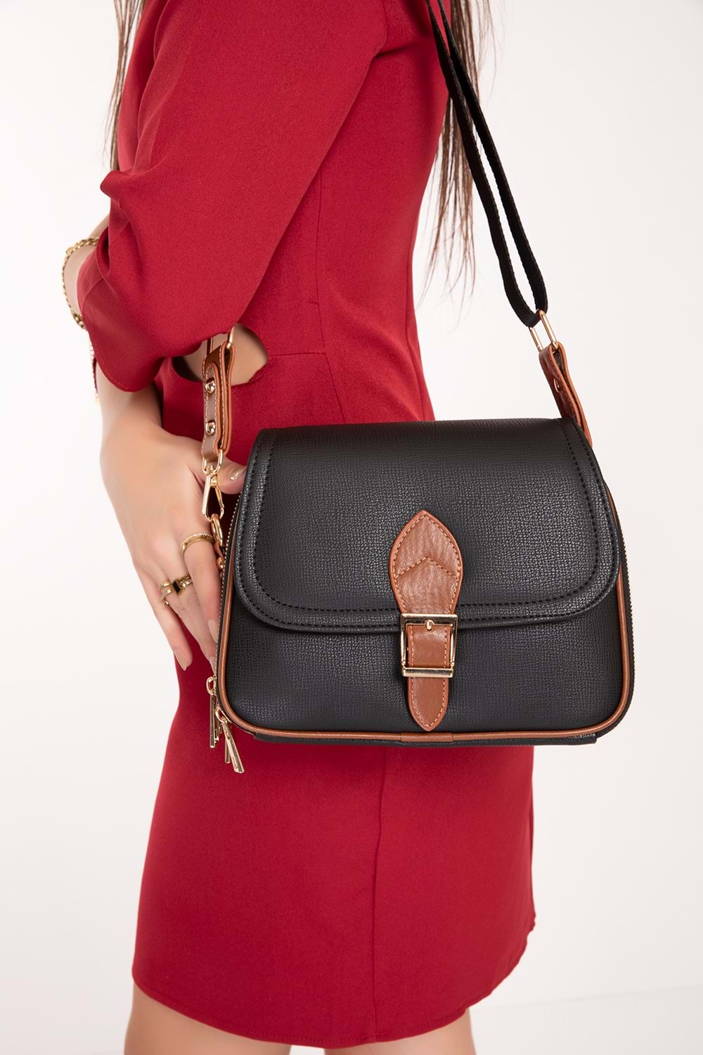 Gondol Kadın Çift Bölmeli Şık Günlük Çanta ald.1406 - Siyah-Taba