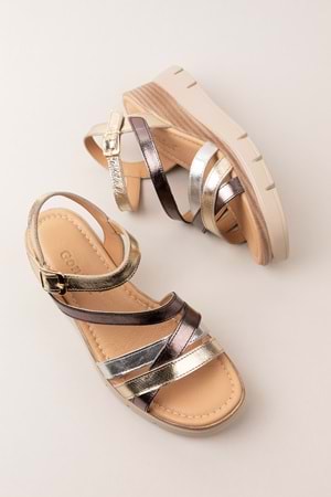 Gondol Kadın Hakiki Deri Platform Topuklu Rahat Günlük Sandalet tlh.1055 - Metalik Kombin - 38