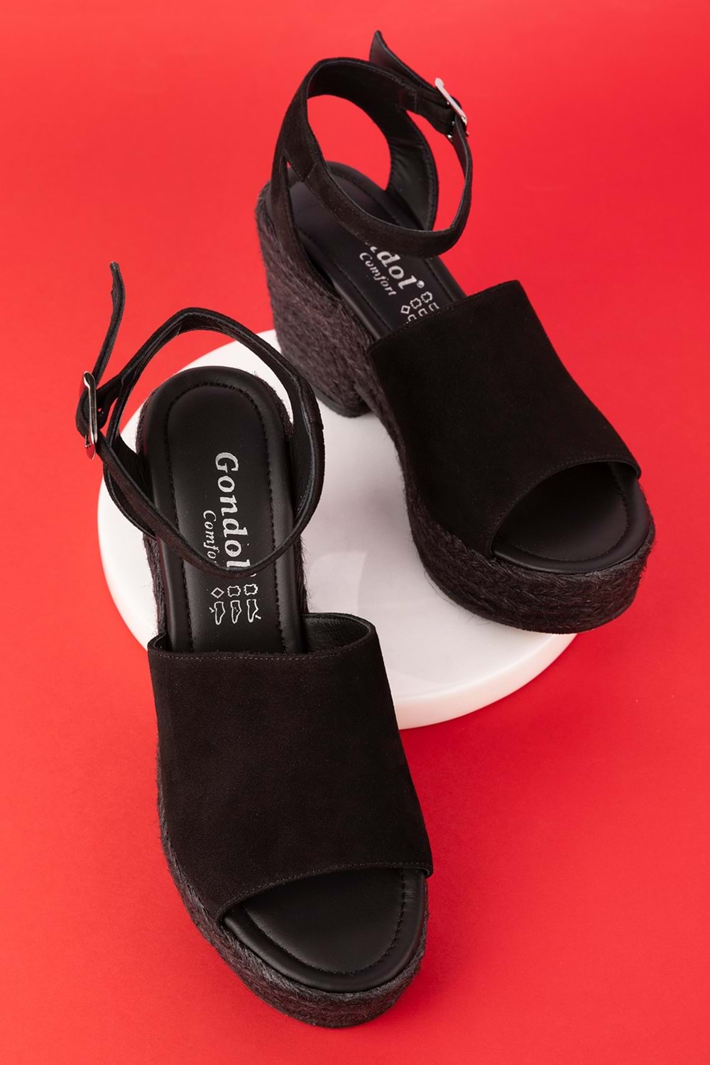 Gondol Kadın Hakiki Deri Dolgu Topuk Platform Sandalet ell.6998 - Siyah Süet - 40
