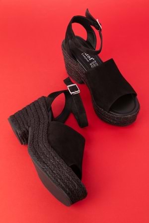 Gondol Kadın Hakiki Deri Dolgu Topuk Platform Sandalet ell.6998 - Siyah Süet - 40