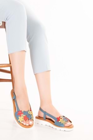 Gondol Kadın Hakiki Deri Çok Satan Çiçekli Sandalet mlk.4086 - Mavi - 39