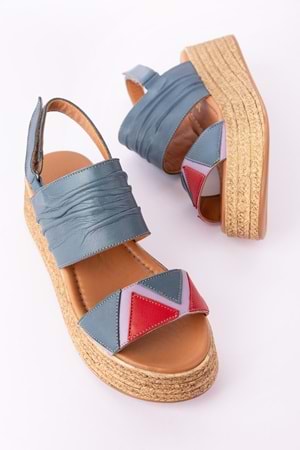 Gondol Kadın Hakiki Deri Platform Tabanlı Sandalet mlk.2056 - Mavi - 41