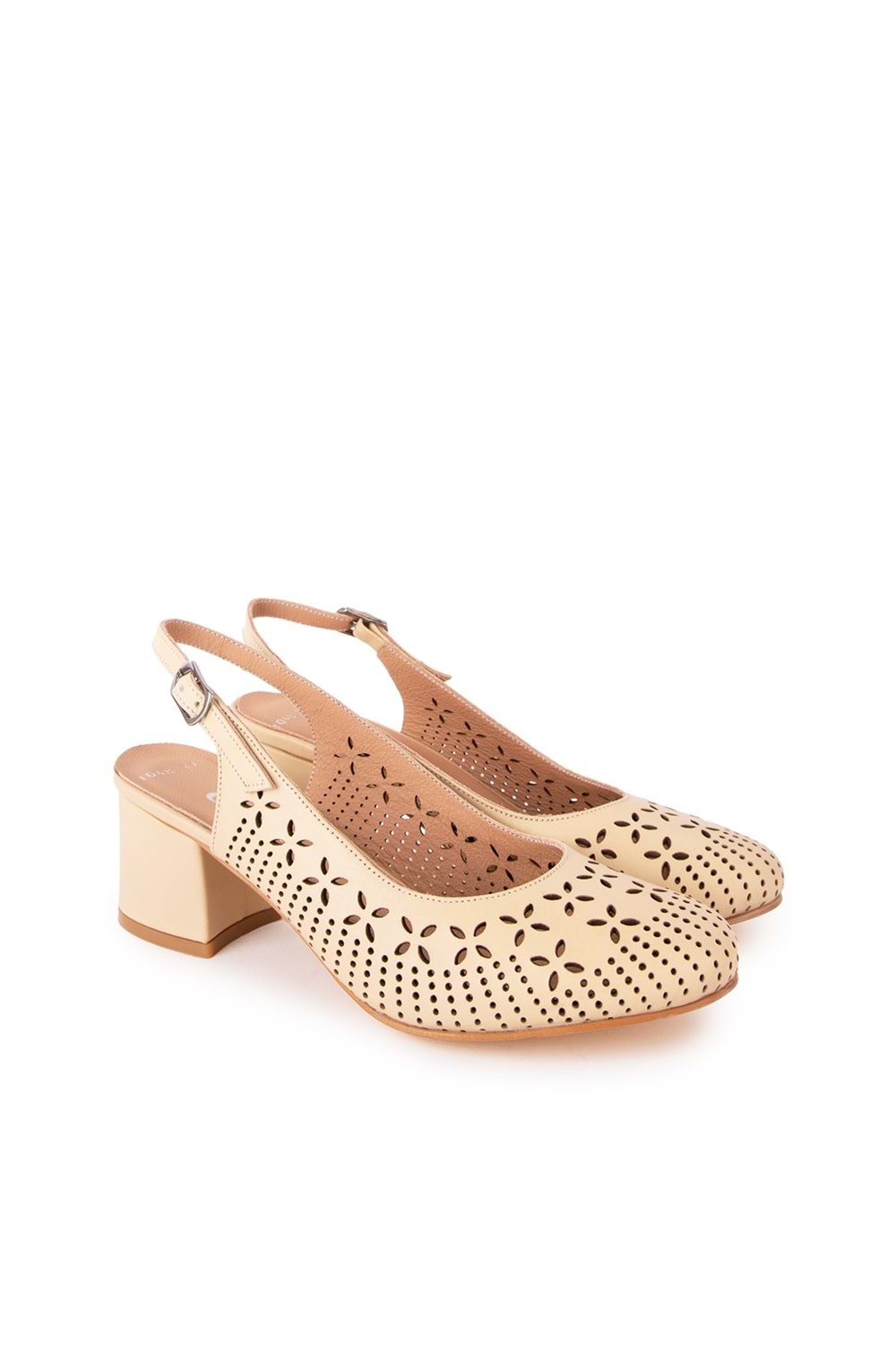 Gondol Hakiki Deri Lazer Kesim Şık Topuklu Ayakkabı şhn.1048 - Bej - 36