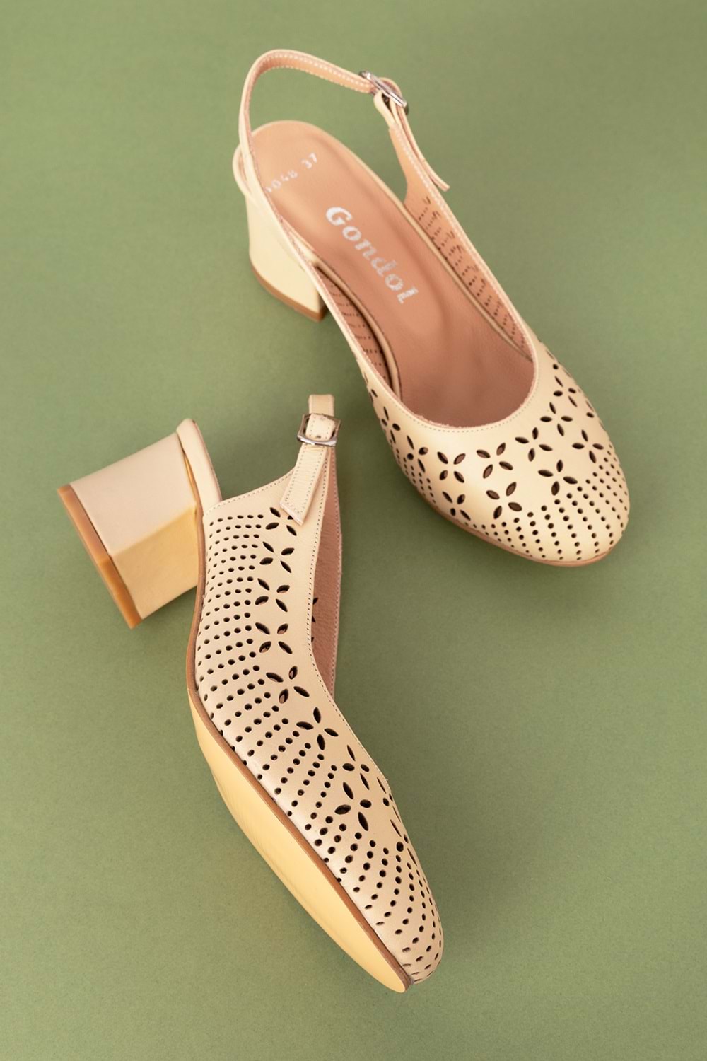 Gondol Hakiki Deri Lazer Kesim Şık Topuklu Ayakkabı şhn.1048 - Bej - 36
