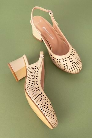 Gondol Hakiki Deri Lazer Kesim Şık Topuklu Ayakkabı şhn.1048 - Bej - 36