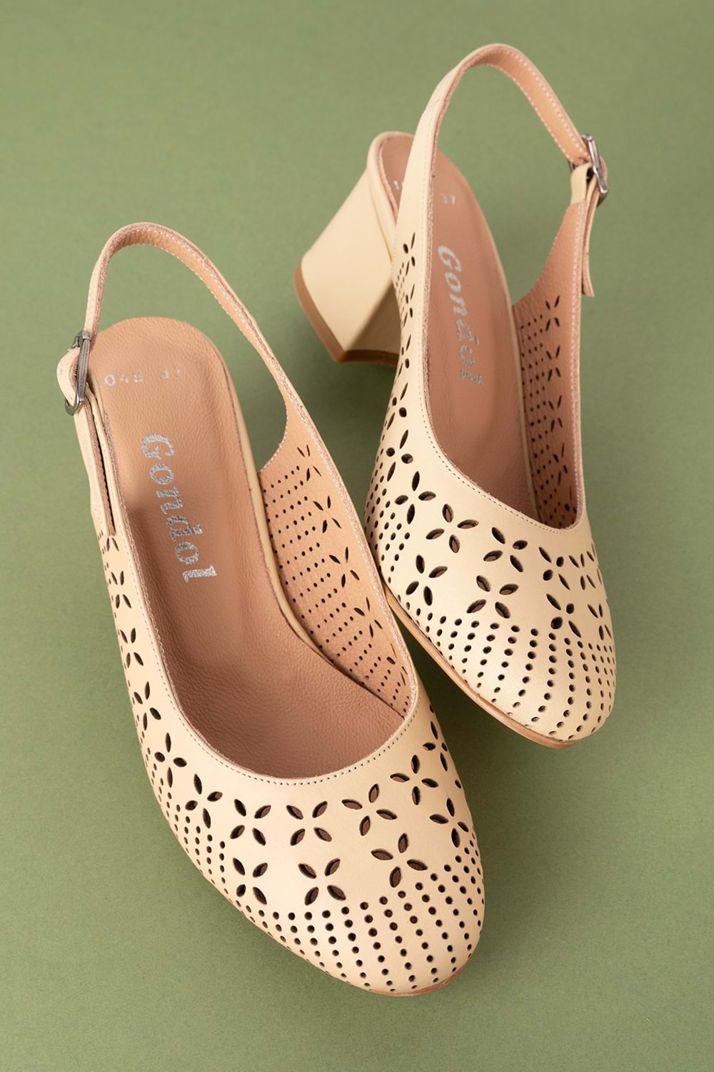 Gondol Hakiki Deri Lazer Kesim Şık Topuklu Ayakkabı şhn.1048 - Bej - 36