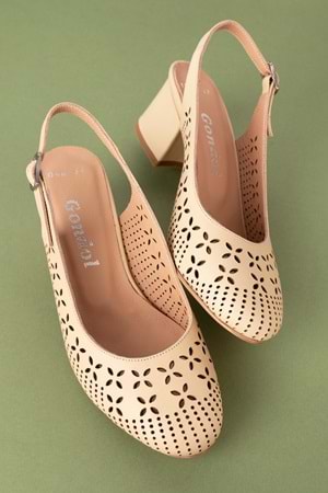 Gondol Hakiki Deri Lazer Kesim Şık Topuklu Ayakkabı şhn.1048 - Bej - 36