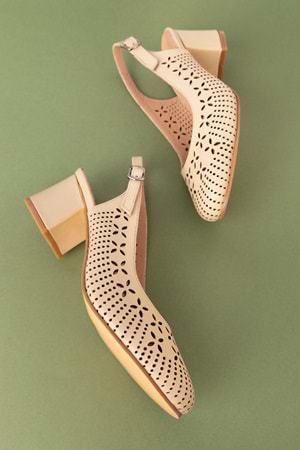 Gondol Hakiki Deri Lazer Kesim Şık Topuklu Ayakkabı şhn.1048 - Bej - 36