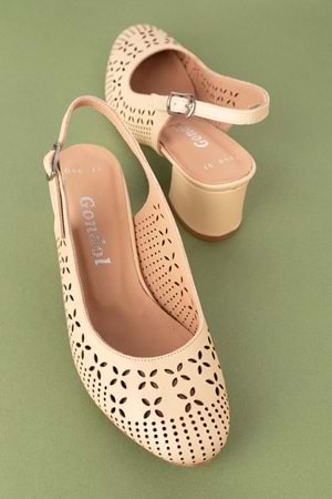 Gondol Hakiki Deri Lazer Kesim Şık Topuklu Ayakkabı şhn.1048 - Bej - 36