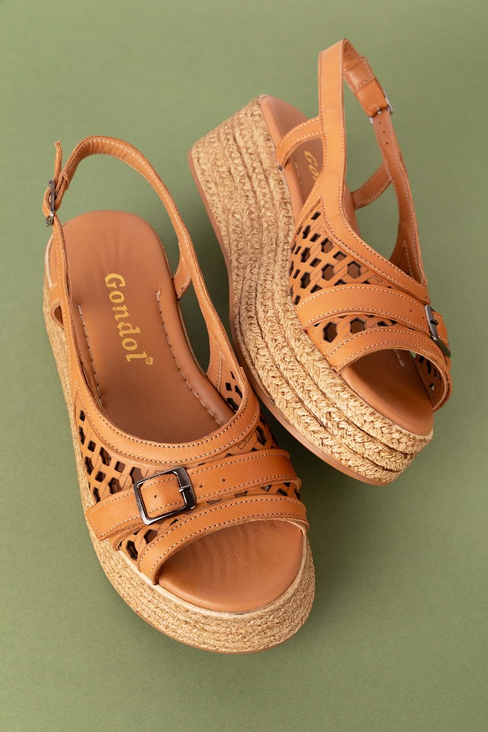 Gondol Kadın Hakiki Deri Platform Lazer Kesim Sandalet mlk.5225 - Taba - 41