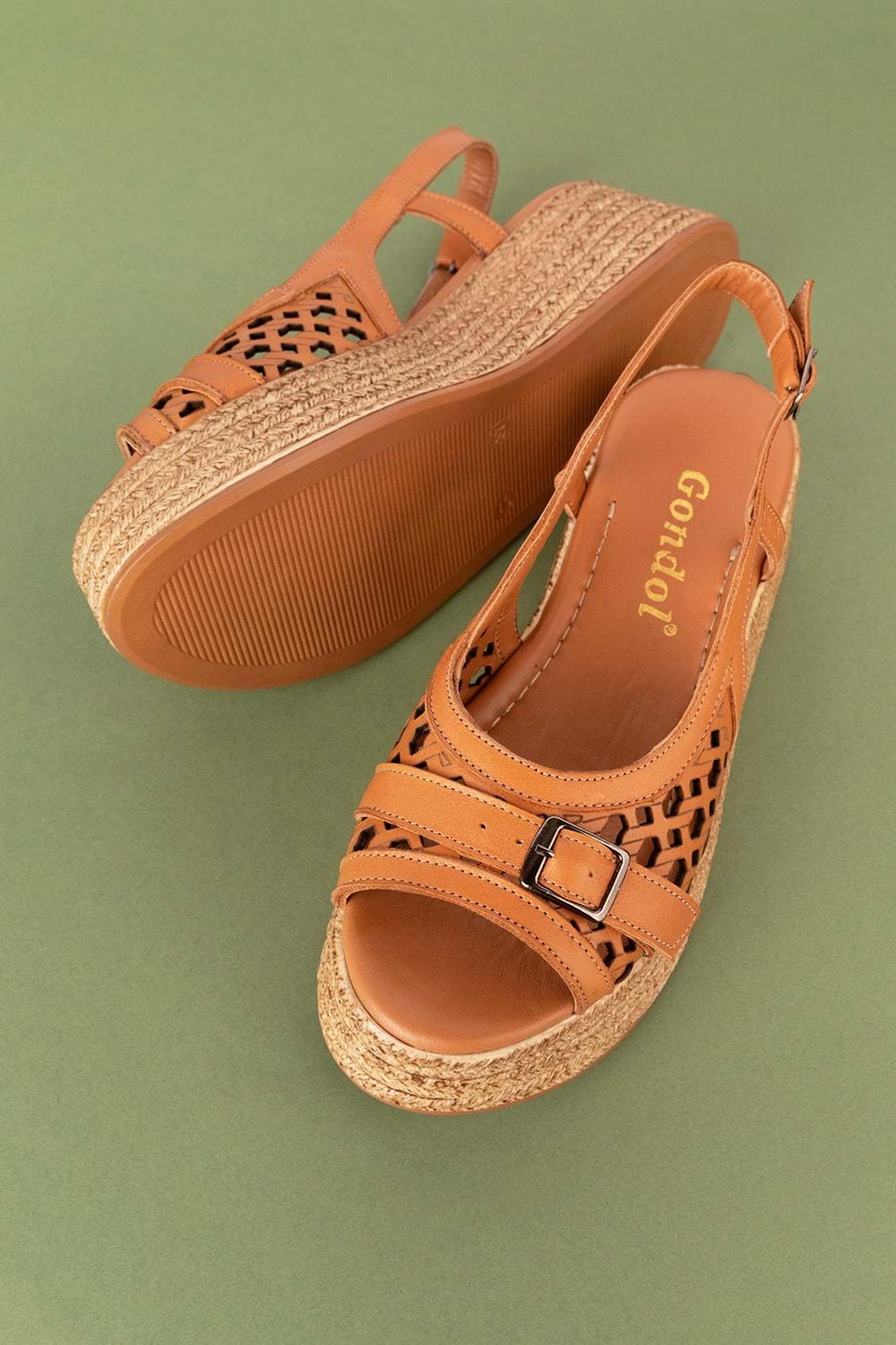 Gondol Kadın Hakiki Deri Platform Lazer Kesim Sandalet mlk.5225 - Taba - 41