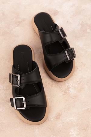 Gondol Kadın Hakiki Deri Çift Cırtlı Rahat Terlik iz.2300 - Siyah - 39