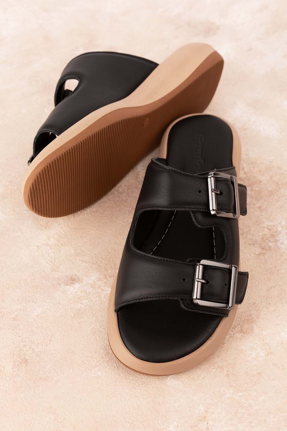 Gondol Kadın Hakiki Deri Çift Cırtlı Rahat Terlik iz.2300 - Siyah - 39