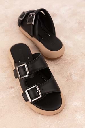 Gondol Kadın Hakiki Deri Çift Cırtlı Rahat Terlik iz.2300 - Siyah - 39