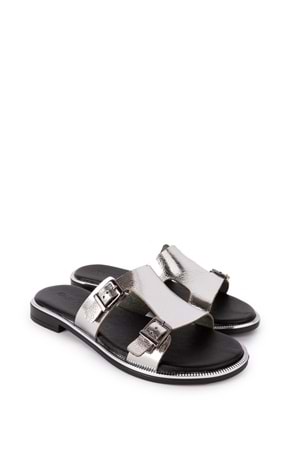 Gondol Kadın Hakiki Deri Vaketa Terlik ayh.719 - Gümüş - 39