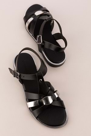 Gondol Kadın Hakiki Deri Renkli Kombin Vaketa Sandalet ayh.730 - Siyah Kombin - 38