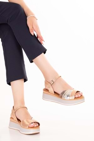 Gondol Kadın Hakiki Deri Platform Tabanlı Sandalet mlk.5355 - Metalik Kombin - 41