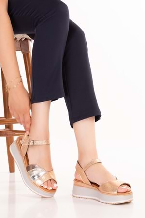 Gondol Kadın Hakiki Deri Platform Tabanlı Sandalet mlk.5355 - Metalik Kombin - 41