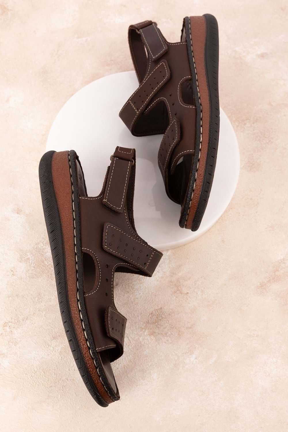 Gondol Unisex Hakiki Deri Cırtlı Ayarlanabilir Rahat Sandalet hkm.31 - Kahverengi - 39