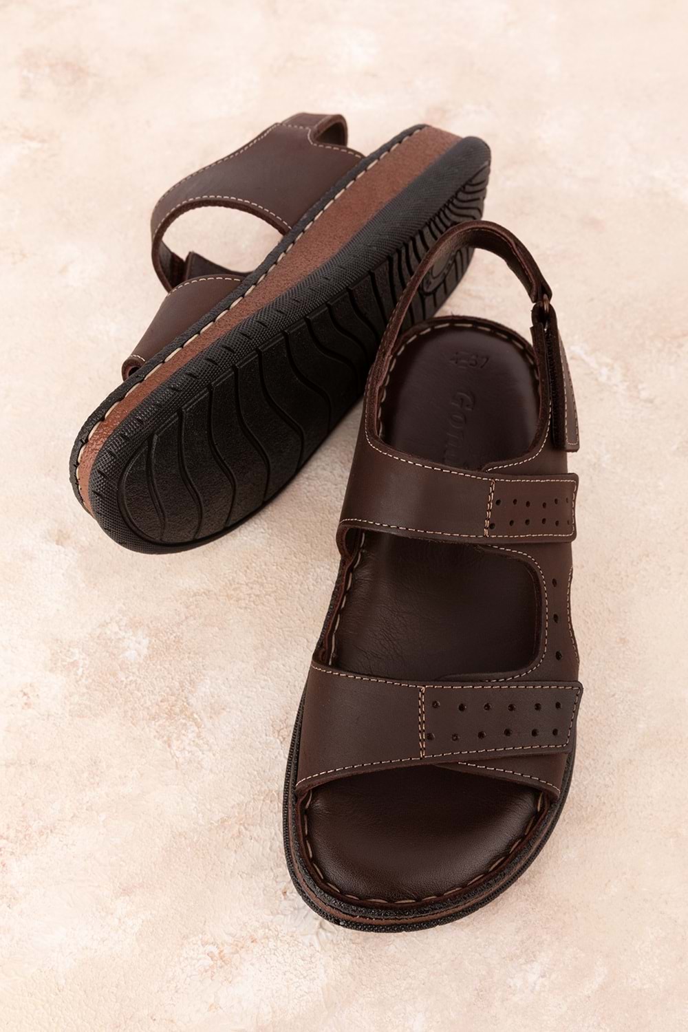 Gondol Unisex Hakiki Deri Cırtlı Ayarlanabilir Rahat Sandalet hkm.31 - Kahverengi - 39