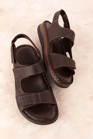 Gondol Unisex Hakiki Deri Cırtlı Ayarlanabilir Rahat Sandalet hkm.31 - Kahverengi - 39
