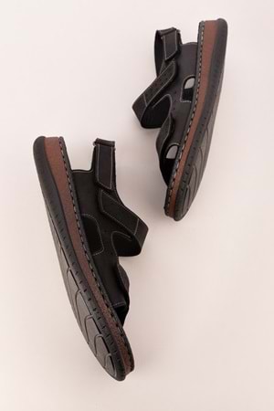 Gondol Unisex Hakiki Deri Cırtlı Ayarlanabilir Rahat Sandalet hkm.31 - Siyah - 36