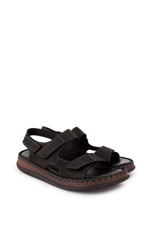 Gondol Unisex Hakiki Deri Cırtlı Ayarlanabilir Rahat Sandalet hkm.31 - Siyah - 36