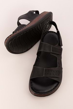 Gondol Unisex Hakiki Deri Cırtlı Ayarlanabilir Rahat Sandalet hkm.31 - Siyah - 36