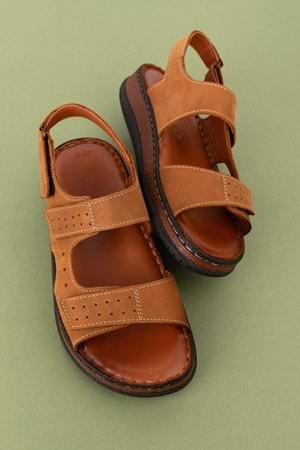 Gondol Unisex Hakiki Deri Cırtlı Ayarlanabilir Rahat Sandalet hkm.31 - Taba - 36