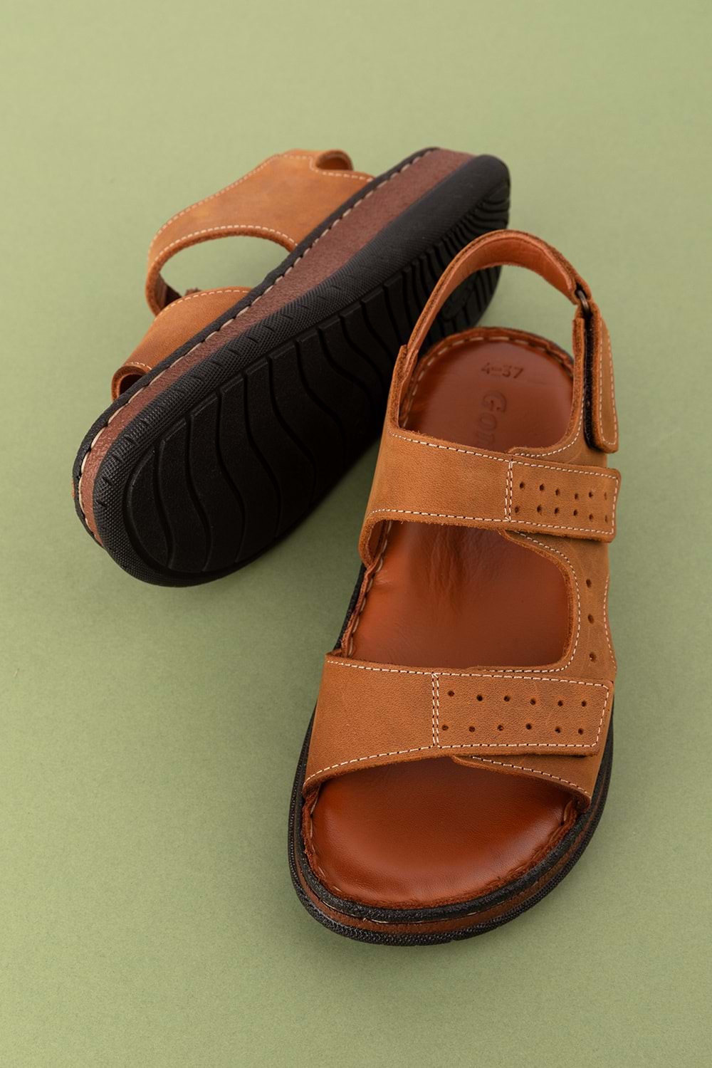 Gondol Unisex Hakiki Deri Cırtlı Ayarlanabilir Rahat Sandalet hkm.31 - Taba - 36
