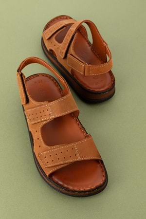 Gondol Unisex Hakiki Deri Cırtlı Ayarlanabilir Rahat Sandalet hkm.31 - Taba - 36