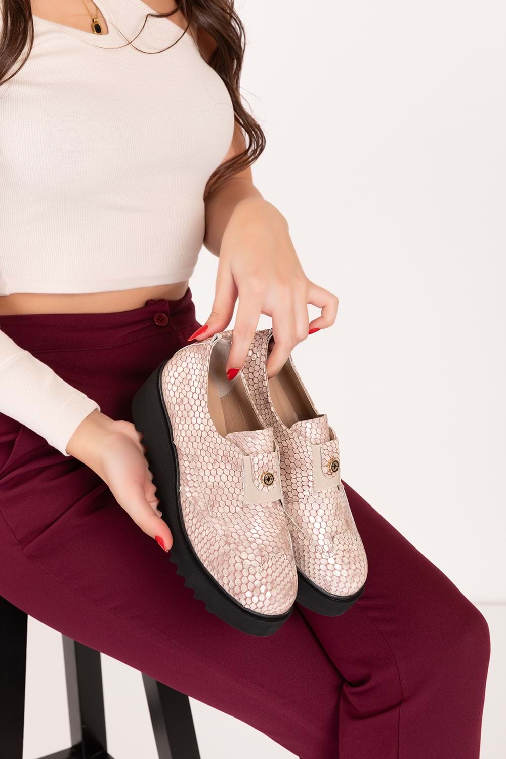 Gondol Lastik Detaylı Hakiki Deri Ayakkabı ast.8004 - Bej Croco - 36