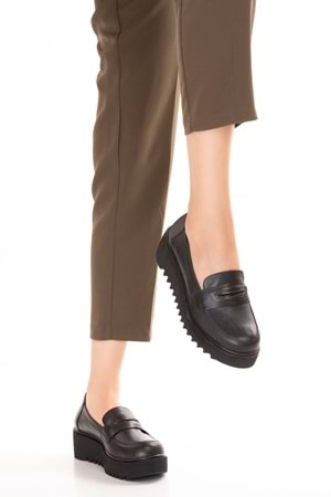 Gondol Hakiki Deri Dolgu Topuklu Şık Ayakkabı ast.8401 - Siyah Cilt - 37