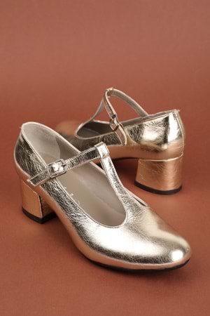 Gondol Hakiki Deri Orta Boy Topuklu Ayakkabı vdt.20 - Gold - 41