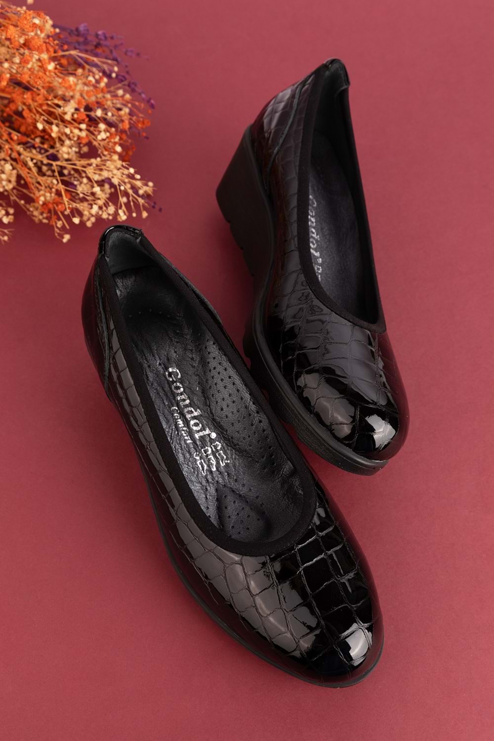 Gondol Hakiki Deri Dolgu Topuk Günlük Anne Ayakkabı ell.6806 - Siyah Croco - 36