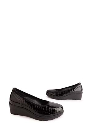 Gondol Hakiki Deri Dolgu Topuk Günlük Anne Ayakkabı ell.6806 - Siyah Croco - 36