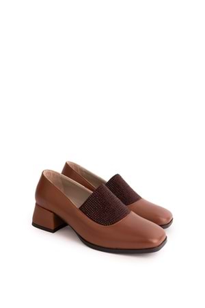 Gondol Hakiki Deri Kısa Topuklu Taş Detaylı Topuklu Ayakkabı vdt.142 - Kahverengi - 37