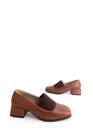 Gondol Hakiki Deri Kısa Topuklu Taş Detaylı Topuklu Ayakkabı vdt.142 - Kahverengi - 37