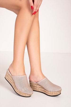 Gondol Hakiki Deri Dolgu Topuklu Hasır Görünümlü Terlik alpx.7081 - Gri - 39