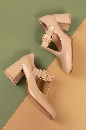 Gondol Kadın Hakiki Deri Yuvarlak Küt Burun Şık Topuklu Ayakkabı mnz.24524 - Bej Rugan - 39