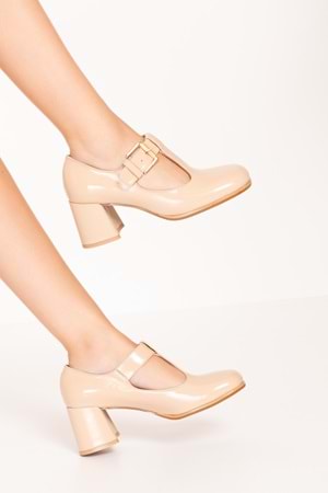 Gondol Kadın Hakiki Deri Yuvarlak Küt Burun Şık Topuklu Ayakkabı mnz.24524 - Bej Rugan - 39