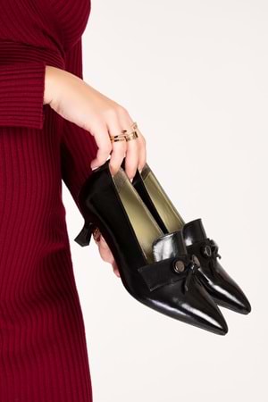 Gondol Hakiki Deri Şık Stiletto Kısa Topuklu Ayakkabı bel.202 - siyah rugan - 36